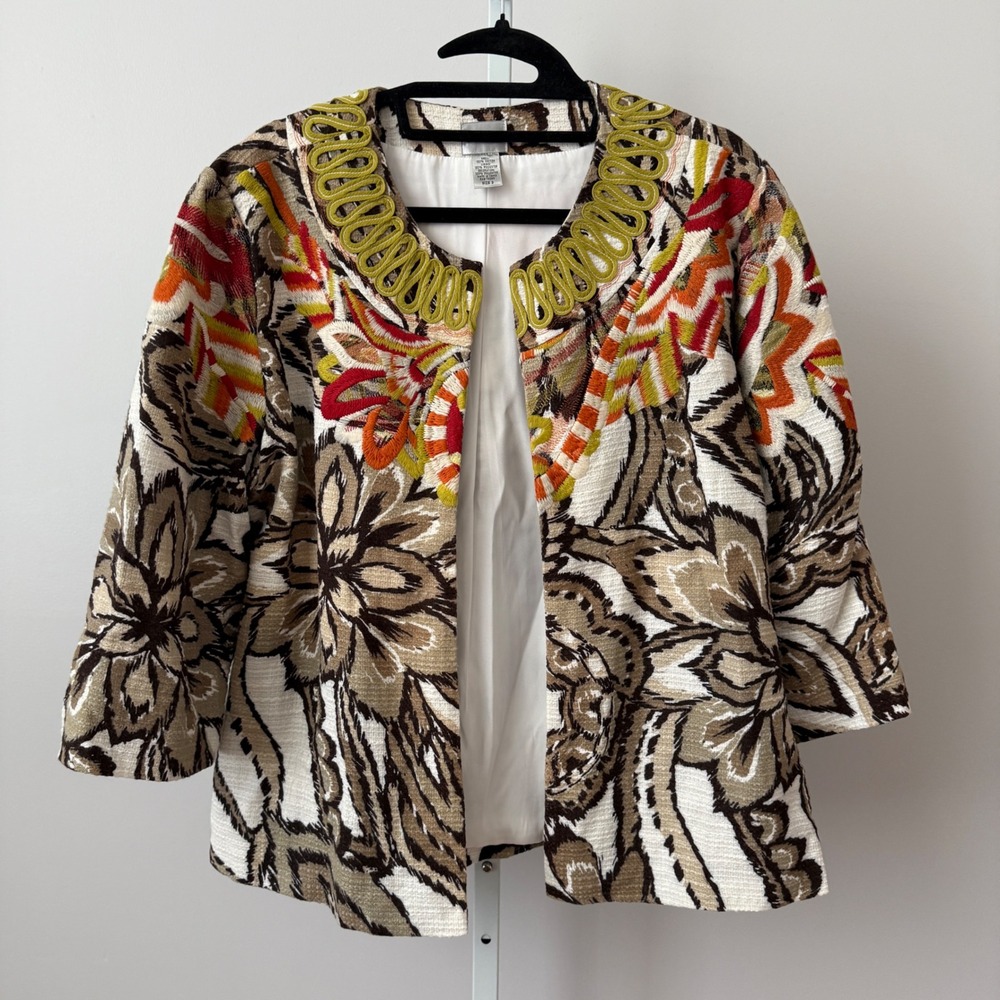 Chicos Floral Embroidered Soutache Open Front Jacket Cotton Size 3 XL Brown Gold